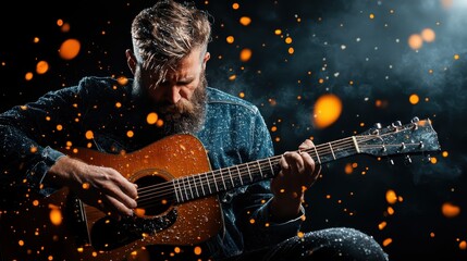 A passionate musician plays his guitar amidst an ethereal atmosphere filled with sparks, capturing the raw energy of music and creativity in a moment of artistic expression and connection.