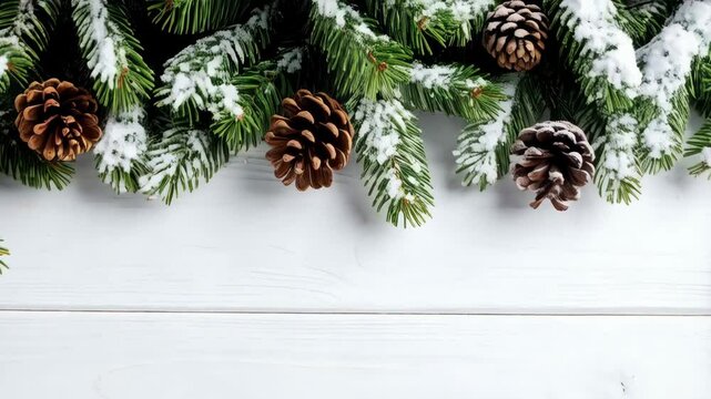 Festive evergreen branches and pine cones covered in snow on a white wooden background, overhead Christmas holiday decoration