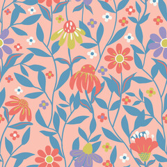 A delightful vector floral pattern designed for children's products, featuring colorful hand-drawn flowers and foliage on a peach background. playful aesthetic and vibrant hues