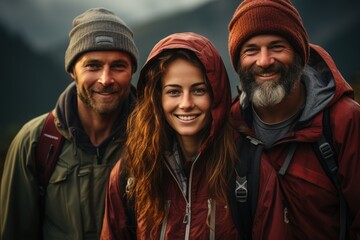A cheerful group of three adventurers smiling in their hiking gear, set against a backdrop of majestic mountains, showcasing camaraderie, exploration, and the joy of outdoor adventures.