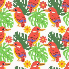 Fototapeta premium Seamless textile trendy vector pattern with exotic birds on a branch in tropical nature in exotic with tropical leaves abstract painting .Hand drawn illustration for fabric , paper and web design .