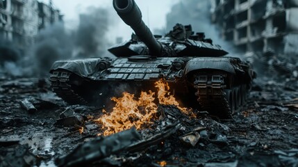 A desolate battlefield featuring a destroyed tank surrounded by flames and debris, evoking a sense of chaos and destruction in a hauntingly powerful scene of conflict.