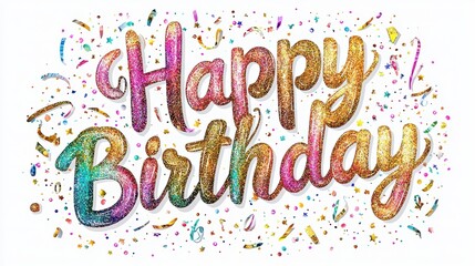 Fototapeta premium Colorful Happy Birthday Glitter Text with Festive Confetti Decor