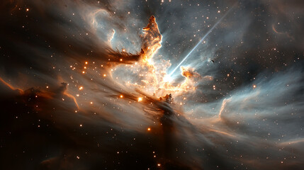 Space Nebula with Bright Stars and Cosmic Light Trails