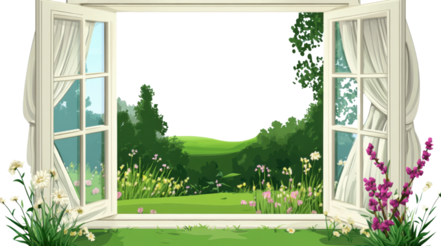 Open window with wooden frame overlooking green garden view in transparent PNG format isolated on white background
