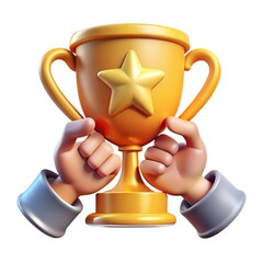 A golden trophy with a star on it being held by two cartoon hands against a white background image 3d icon