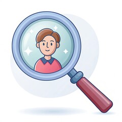 Cartoon illustration of a man under a magnifying glass with sparkles on a light blue background 3d icon