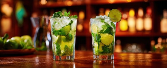 The refreshing mojito cocktails garnished with mint and lime slices.
