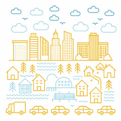 Colorful cartoon vector illustration of a vibrant urban cityscape with various buildings, houses, and trees under a clear sky