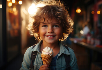 A happy child enjoying an ice cream cone, radiating joy and innocence, capturing the simple pleasures of childhood and the joy of sweet treats on a warm day.