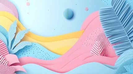 Soft Pastel Colored Layered Paper Cutout Background with Botanical Elements