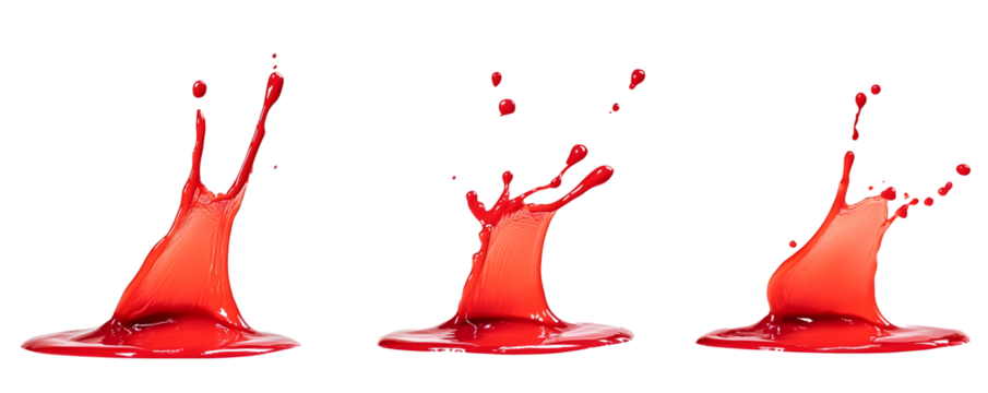 The image showcases three splashes of red liquid, creating dynamic shapes and textures, emphasizing movement and fluidity. - Powered by Adobe