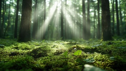 Obraz premium A breathtaking view of sunlight filtering through tall trees in a serene forest, highlighting the lush greenery and creating a peaceful and tranquil atmosphere for reflection.