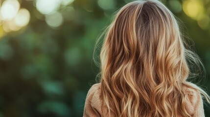 Naklejka premium The back view of a young woman with wavy, sunlit hair in a natural outdoor setting captures the essence of beauty, tranquility, and connection to nature.