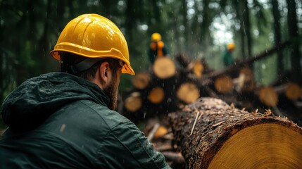 A hardworking individual in protective gear focuses on their task amidst a lush forest, showcasing dedication and resilience in a challenging environmental setting.