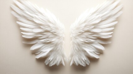 Fototapeta premium An artistic representation of stunning angel wings made from white feathers, creating a feeling of purity, freedom, and ethereal beauty in a serene setting.