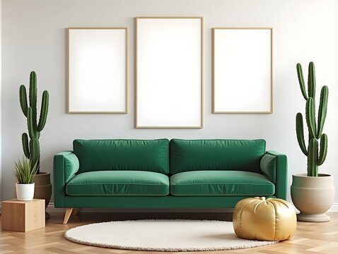 stylish scandinavian interior of living room with design green velvet sofa, gold pouf, wooden furniture, cacti, carpet, cube, copy space and mock up poster frames. template.,