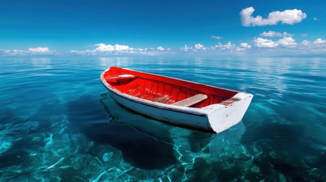 A vintage red boat floats serenely on clear turquoise waters under a blue sky, symbolizing tranquility, adventure, and the beauty of nature in this picturesque seascape image. - Powered by Adobe