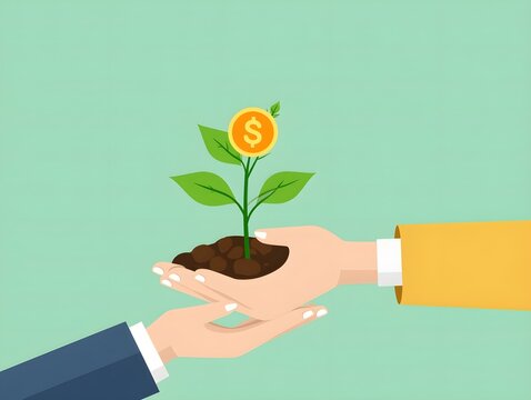 illustration of a hand holding a plant with a dollar coin symbolizing investment growth, financial success, and business growth.