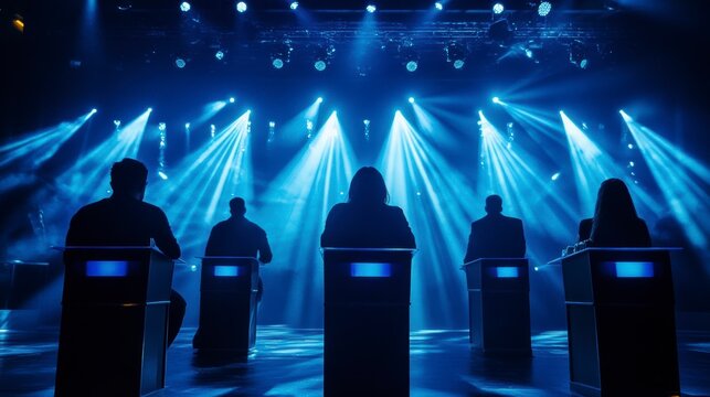 Silhouetted contestants seated at podiums on a brightly lit stage.