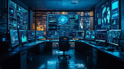 High-tech control room filled with computer screens showing data and graphical interfaces, symbolizing advanced technology and monitoring