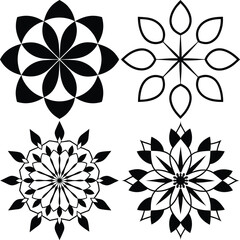 Four floral design elements Black flower, bloom shapes in an isolated white layout