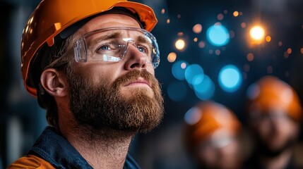 An inspirational worker, adorned in safety glasses and hard hat, gazes upward, absorbing the bright sparks flying in the industrial environment, symbolizing creativity and ambition.