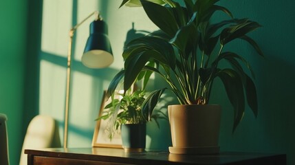 Indoor Tranquility: Table Lamp Illuminating Potted Plants against Green Wall