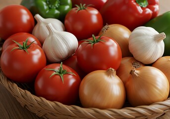 Raw ingredients for cooking (tomatoes, garlic, onions, peppers) arranged artistically in a basket