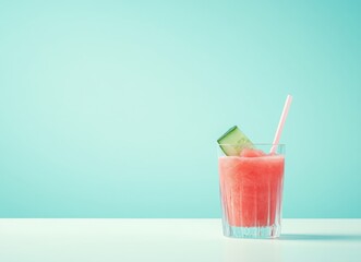 Watermelon cucumber mint juice on white table with pastel blue background, summer drink concept