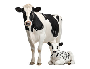 A black and white cow standing with a baby calf lying down isolated on a transparent background