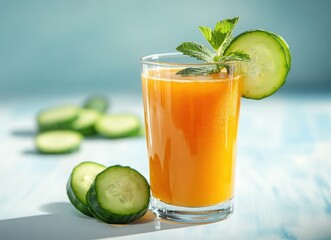 Fototapeta premium Watermelon cucumber mint juice on white table with pastel blue background, summer drink concept