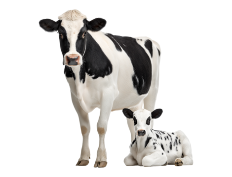 A black and white cow standing with a baby calf lying down isolated on a transparent background