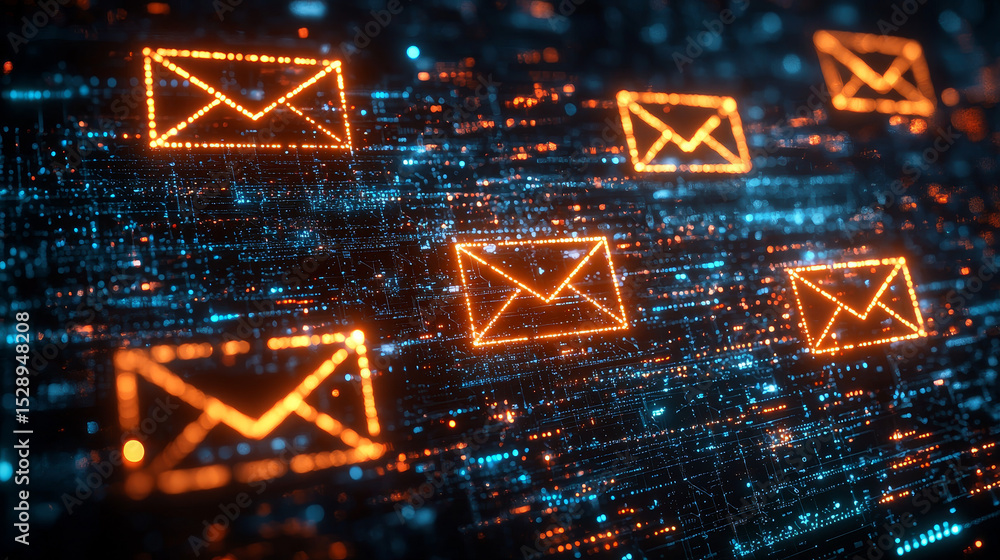 Poster abstract digital scene featuring glowing email symbols, illustrating internet communication and the 
