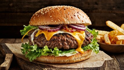 hamburger on a wooden table