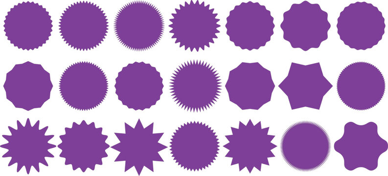 Set of circles with zigzag edges, Silhouette stickers circle, sunburst sticker shapes, circle and star shaped price tag, round stamp sticker vector icon set in purple color,Circle sticker, Wavy edge, 