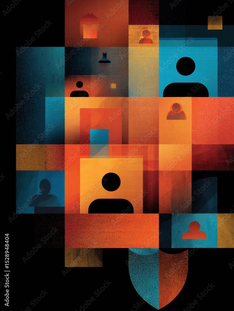 Poster Data Privacy Infographic Illustrating User Protection With Layered Security Blocks and Shield Icons in Vibrant Security Colors