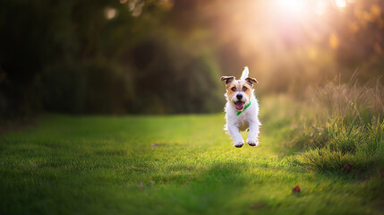 Jack Russel terrier dashing through grass, pure joy in golden light