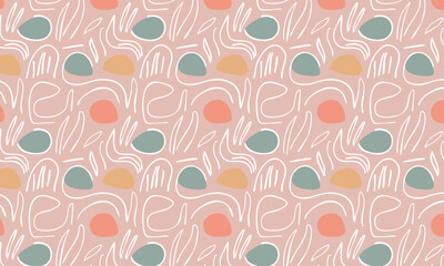 Modern abstract seamless pattern with doodles on a pink background