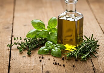 Fresh herbs (basil, thyme, rosemary) scattered on a rustic wooden table with olive oil bottle
