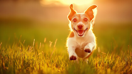Jack Russel terrier dashing through grass, pure joy in golden light