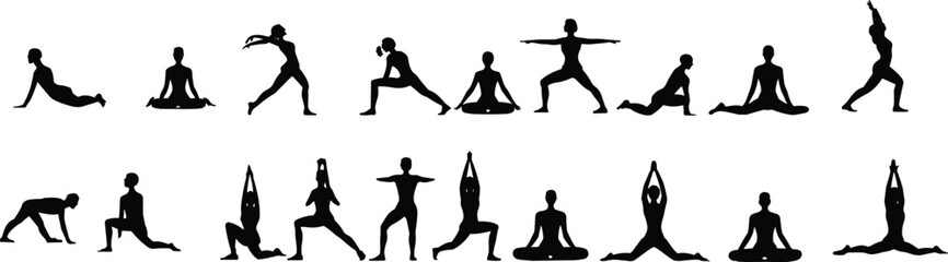 Silhouette yoga poses collection of women and men practicing meditation, stretching, balance, mindfulness, flexibility, exercise, vector illustration