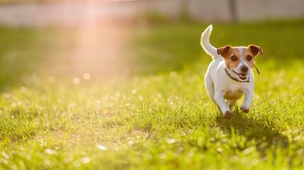 Jack Russel terrier dashing through grass, pure joy in golden light