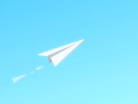 White paper airplane flying through blue sky flat illustration