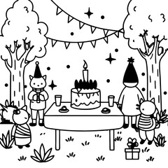 Cute cats outdoor birthday party coloring page