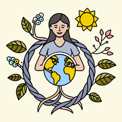 Woman holding earth surrounded by nature