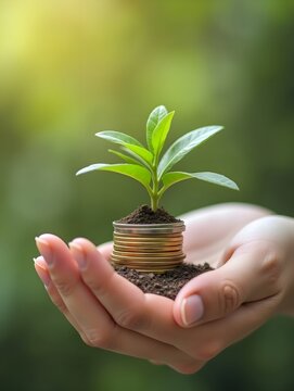Hand holding stack of coins with plant growing on top