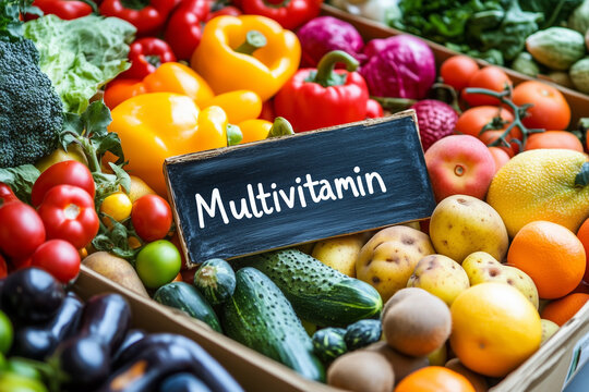 Colorful Fruits and Vegetables Display. An assortment of fresh fruits and vegetables with a multivitamin sign. Ideal for health, nutrition, or diet-related projects.