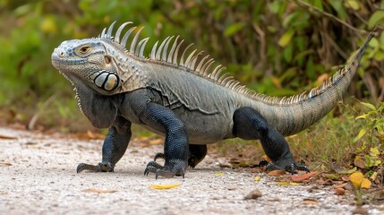 Obraz premium Front view of spiny-tailed iguana walking forward with body symmetry and scales visible