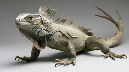 Fototapeta premium High-angle iguana image with tail wrapping, focused lighting on body texture and tail ridges